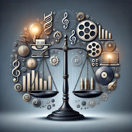 DALL·E 2025-01-20 10.39.46 - A professional and modern illustration symbolizing intellectual property law. The image features a balanced scale of justice on one side and creative